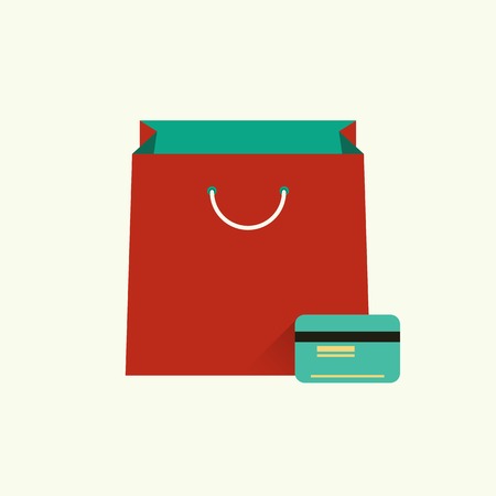 Vector illustration of red bag  for shopping and credit or debit plastic card. Shopping concept. Flat design style. Infographic elementのイラスト素材