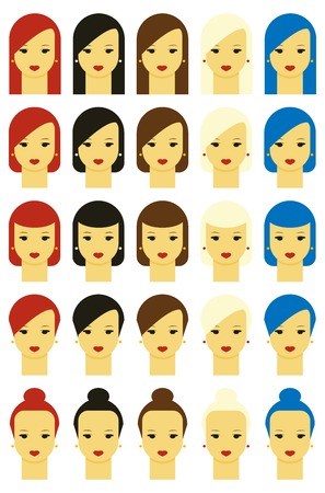 Set of vector illustrations of beautiful young girls with various hair styles. Flat design vectorのイラスト素材