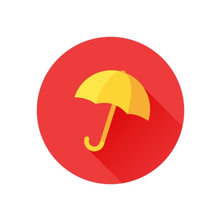 Vector icon of yellow umbrella on red background. Rain protection symbol. Trendy flat design style with long shadow. Vector element for web design and infographicsのイラスト素材