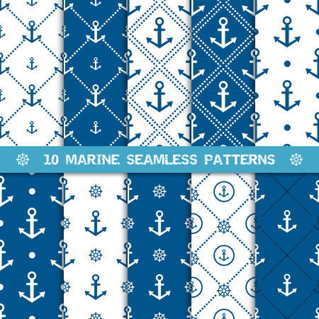 Set of vector seamless patterns with anchor and helm or steering wheel. Sea or marine and nautical backgrounds in navy blue and white colors. Vector illustration. Design element for wallpapers, web, shower, invitation, greeting card, fabric.のイラスト素材