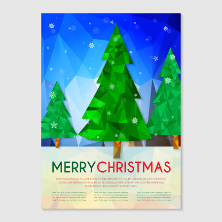 Low poly vector illustration with green Christmas tree and snowflakes.のイラスト素材
