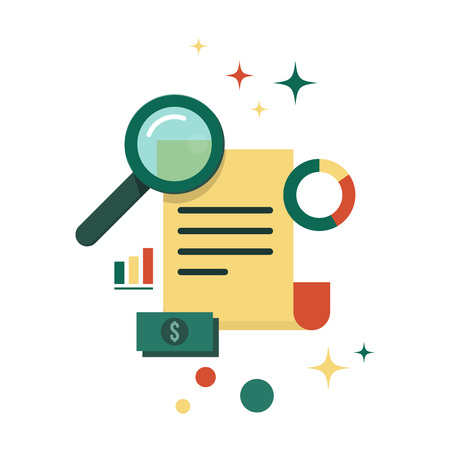 Vector illustration with magnifying glass, paper page or document, round diagram, finance graph, money. Business report. Education or business analytics concept icon isolated on white backgroundのイラスト素材