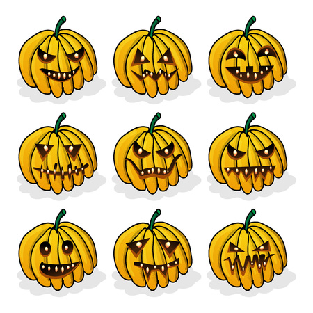 Vector icons set  with scary faces of Halloween pumpkin. Emotion Variation. Cartoon style design elements. Jack-o-lantern facial expressions Illustrationのイラスト素材