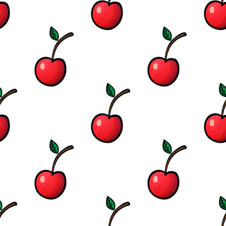 Seamless pattern with red cherry on white background. Vector outline illustration. Sweet juicy fruit. Ripe berry. Ideal for wallpaper, greeting card design, restaurant menu cover, textile print, web design, wrapping, decor, scrap book. Repeatable food texのイラスト素材