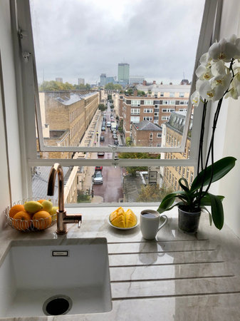 Breakfast - mango, coffee and a window view of London street