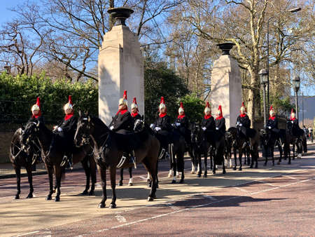 LONDON - November 29: Marching the Queens Guards during traditional Changing of the Guards ceremony at Buckingham Palace on November, 29 2019 in London, United Kingdom.のeditorial素材