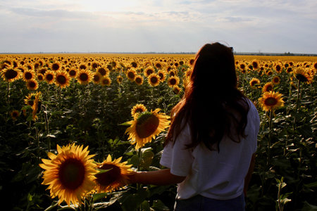 Happy girl in a field of sunflowers