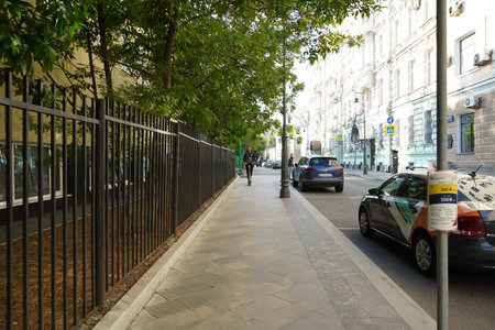 Moscow, Russia - August 2020: Beautiful view of well-groomed clean Moscow in the early morning with the streets, houses in the background.のeditorial素材