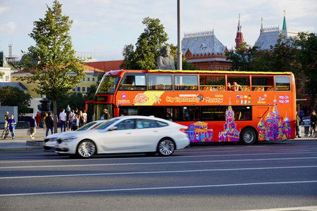 Moscow, Russia - AUGUST 2020: City Sightseeing bus and transport on the street of Moscow