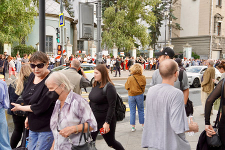 Moscow, Russia - August 2020: Peaceful rally at the Embassy of Belarus in Moscow in support of the Belarusian people.のeditorial素材