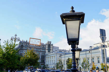 Moscow, Russia - August 2020: Forged lantern in the foreground against the background of the Bolshoi Theatre in the center of Moscow.のeditorial素材