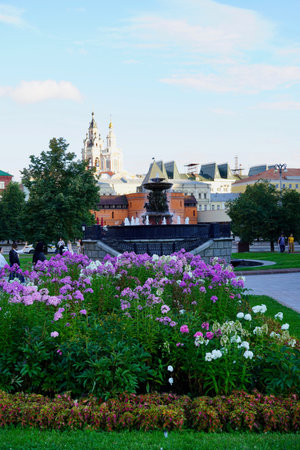 Moscow, Russia - August 2020: Beautiful summer landscapes of the capital, temples and red brick buildings in the church of Moscow, the main attractions of the capitalのeditorial素材