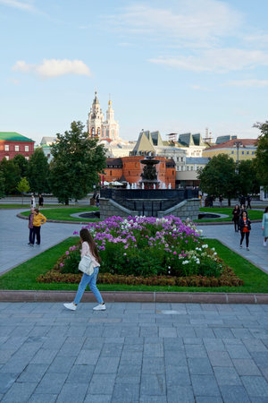 Moscow, Russia - August 2020: Beautiful summer landscapes of the capital, temples and red brick...