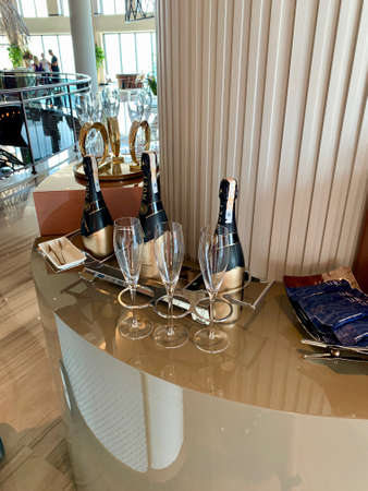 Bodrum, Turkey - August, 2020: Collection champagne MOET at the Lujo Hotel counterのeditorial素材