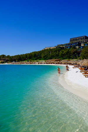 Panoramic Paradise view of the purest turquoise lagoon of the Aegean Sea near Bodrum with boats and yachts, white sand and green mountains Paradise Luxury tourism conceptの写真素材