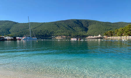 Panoramic view of Paradise Island, Sand Beach Crystal Clear Turquoise Waters, Luxury vacations, Copy space for textの写真素材