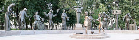 Moscow, Russia - August, 2020: Sculptural composition in the park: figures represent human vices. Panoramaのeditorial素材