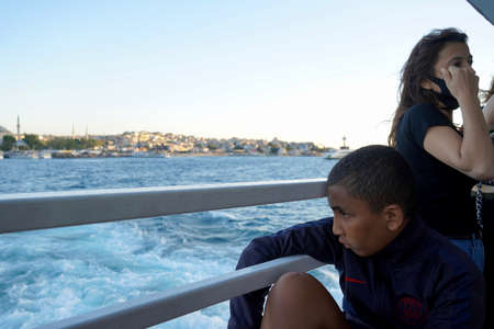 Bodrum, Turkey - August, 2020: People travel in a tourist ship on the Bosporus. Travel with cruise ship in Istanbul Strait.のeditorial素材