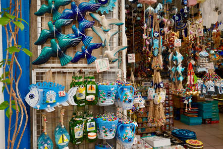 Bodrum, Turkey - August, 2020: Shops for tourists. Authentic goods for travelers. Souvenirs in Bodrum. Oriental flavor and exotic. Popular tourist destination, famous Turkish bazaar.のeditorial素材