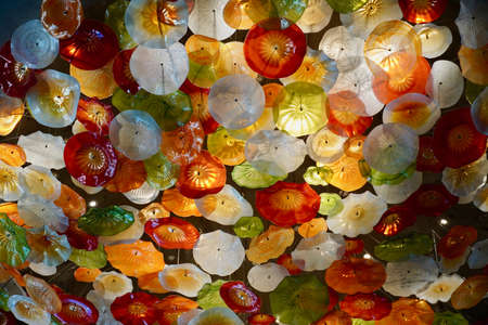 Glade of artificial plastic interior colors. Yellow brown red white flowers for interior decorationの写真素材