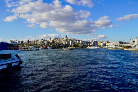 Panorama of Istanbul from the side of Bosporus Strait. Magnificent Istanbul city, historical peninsula, Fatih mosque, Sultan Ahmed mosque, Suleymaniye Mosque, Ortakoy mosque and pleasure boats with tourists. Ð¡ity in the background High quality photoの写真素材