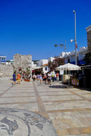 Bodrum, Turkey - August, 2020: View of white street and flowers in Bodrum city of Turkey. Aegean style colorful streetのeditorial素材