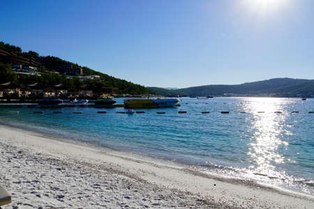 Panoramic view of Beach And Blue Lagoon, beach and turquoise ocean with white yachts is the best beaches in Turkey - Bodrum, Turkeyの写真素材