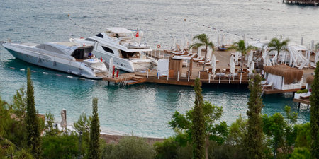 Bodrum, Turkey - August, 2020 Panoramic view, Rest in paradise. Beautiful tropical beach banner. Emerald Ocean. Amazing beach landscape, yachts.のeditorial素材