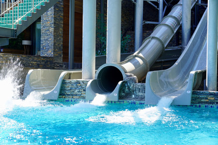 water slide at aquapark. Summer holiday.の写真素材