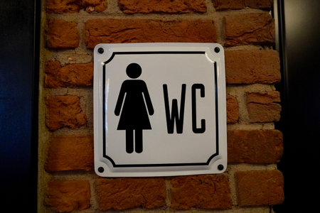 Sign Staircase WC on the red brick wallの写真素材