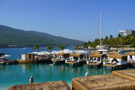 View of the paradise sandy beach, Turkey. Copy space for text, bungalow on the water,piece of paradiseの写真素材