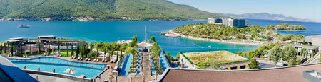 Stunning Turkey landmark of Island Bodrum. Tropic resort in lagoon with green exotic plants and trees. Greenery tropical nature at summer sunny day aerial view. Lux resort vacation conception. Vacation bannerの写真素材