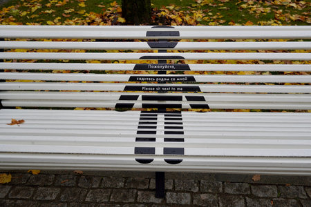 Empty grey bench in the park against the background of autumn leaves Sign Please sit next to me, Pandemic time, Amazing man is drawing on the benchの写真素材