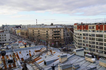 Saint-Petrsburg, Russia - November,2020 Panorama view, Ligovsky prospect Floor. Concept for real estate panoramic modern cityscape building bird eye aerial view under sunrise and morning blue bright sky in St.Petersburg, Russia Urban landscape contrast thのeditorial素材
