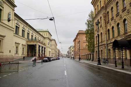 Saint Petersburg, Russia - November, 2020. Street view near Hermitage Museum (Winter Palace). View on the street Millionnaya. Atlantsのeditorial素材