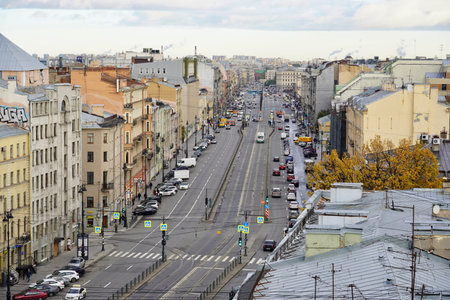 Panorama view, Ligovsky prospect Floor. Concept for real estate panoramic modern cityscape building bird eye aerial view under sunrise and morning blue bright sky in St.Petersburg, Russia Urban landscape contrast the plants pipe and the domes of the church against a beautiful sky. Rooftop view. Historical and modern cent of the North capital of Russiaの写真素材