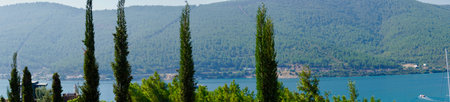 Panorama picture of scenery view in the sunny day. Beautiful blue sky, islands, green mountain, boats and fresh ocean on the beach. Cypress in the foreground. Summer vacation concept.の写真素材