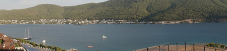Panorama banner, Aegean Sea Lagoon Landscape. Morning fresh atmosphereの写真素材