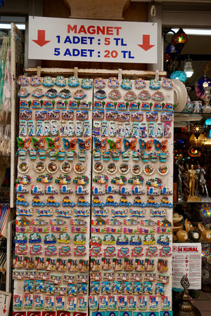 Bodrum, Turkey - August, 2020: Atmospheric local souvenir markets. Turkish Grand Bazaar. Hand-made souvenirs at street market. Souvenirs: wind music, dream catcher, evil eye keychain, beads, bracelets, magnetics, toys.のeditorial素材