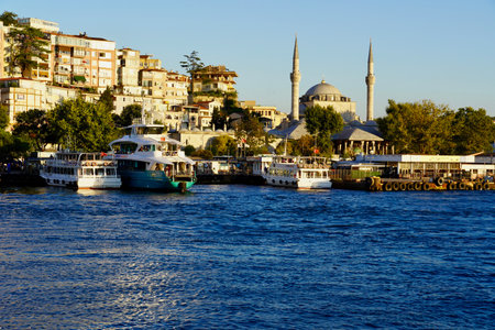 Istanbul, Bodrum - August 2020: Tour boats travel around the Bosphorus Canal on clear summer days. Bosphorus Sunset Cruise, Sultanahmet,のeditorial素材