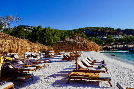 View of nice tropical beach with palms around. Holiday and Vacationの写真素材