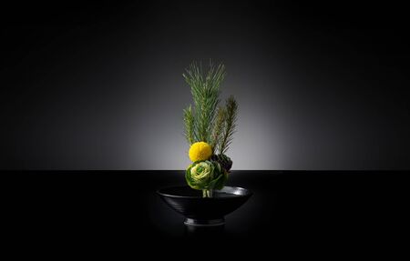 Japan's New Year Flower Arrangement on Black Background.の写真素材