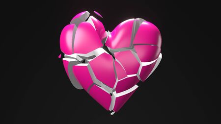 Pink broken heart objects in black background. Heart shape object shattered into pieces.の写真素材
