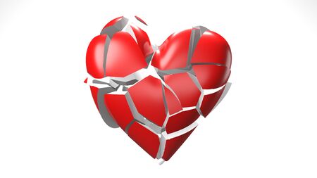 Red broken heart objects in white background. Heart shape object shattered into pieces.の写真素材