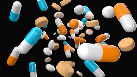 Various medicine and pills on black background.の写真素材