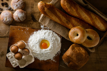 Fresh bread image. Breads, baguettes, bagels and flour with some eggs.