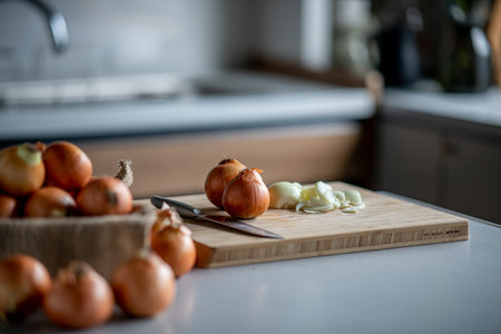 Fresh ripe onions on table in kitchen.の写真素材