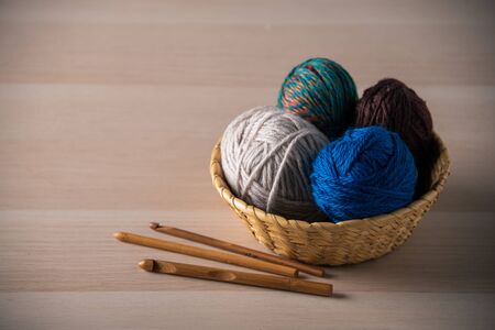 Yarn balls and crochet needes.の写真素材