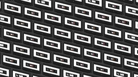 Many black cassette tapes on black background.3d illustration for background.の写真素材