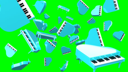 Many blue pianos on green chroma key background.
3D rendered illustration for background.の写真素材